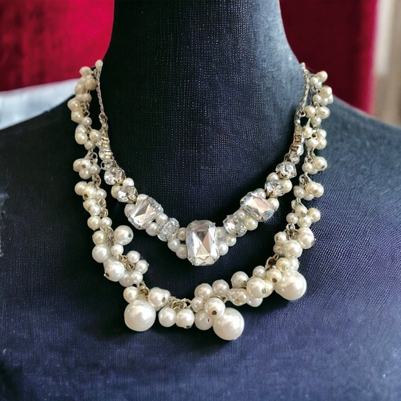 Women's Beads Crystals Necklace Silver Tone Double Layered Necklace Jewelry